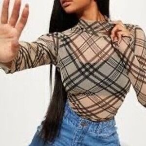 Plaid Sheer Mesh Turtleneck Long Sleeve Top Women's S Academia Preppy Festival